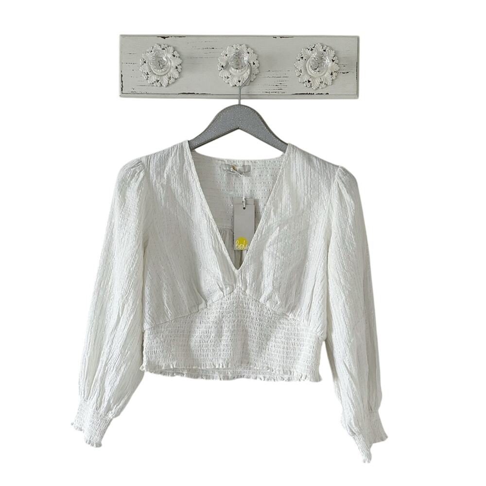 Boden Lurex Smocked Crop Top Ivory Crinkle NEW